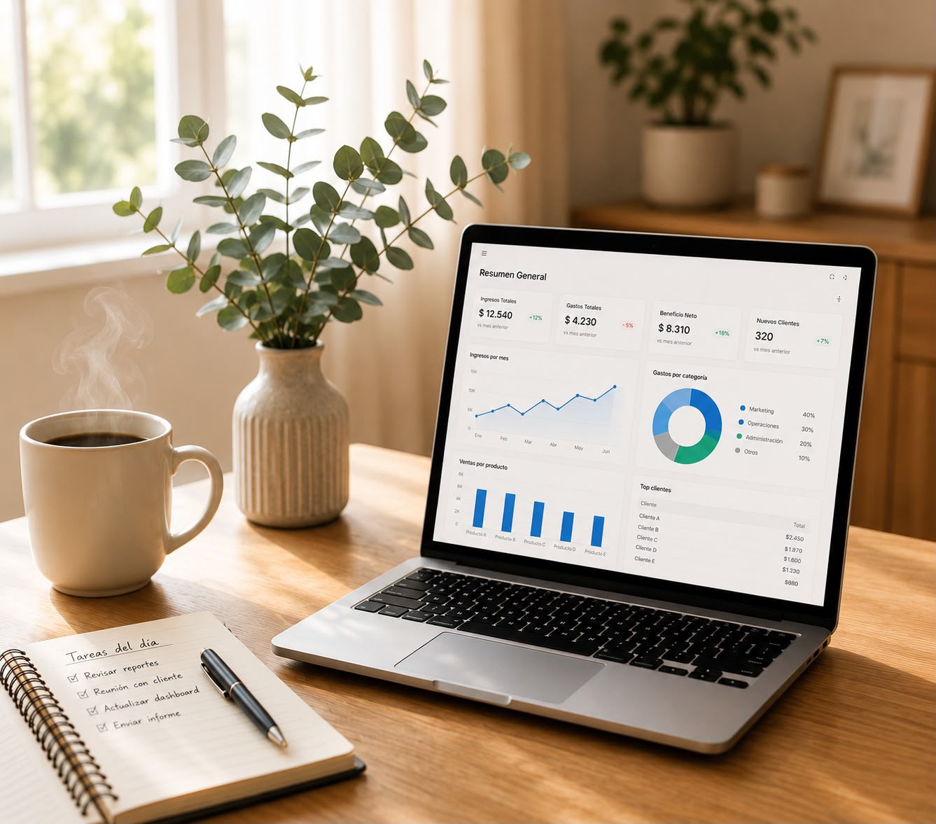 Escritorio de trabajo con notebook mostrando dashboards